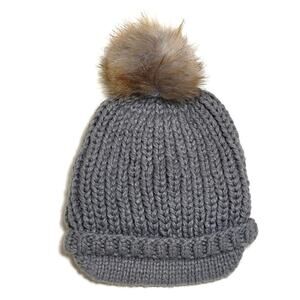Surell Chunky Knit Fleece Lined Pom Pom Fall Winter Gray Beanie Hat OS